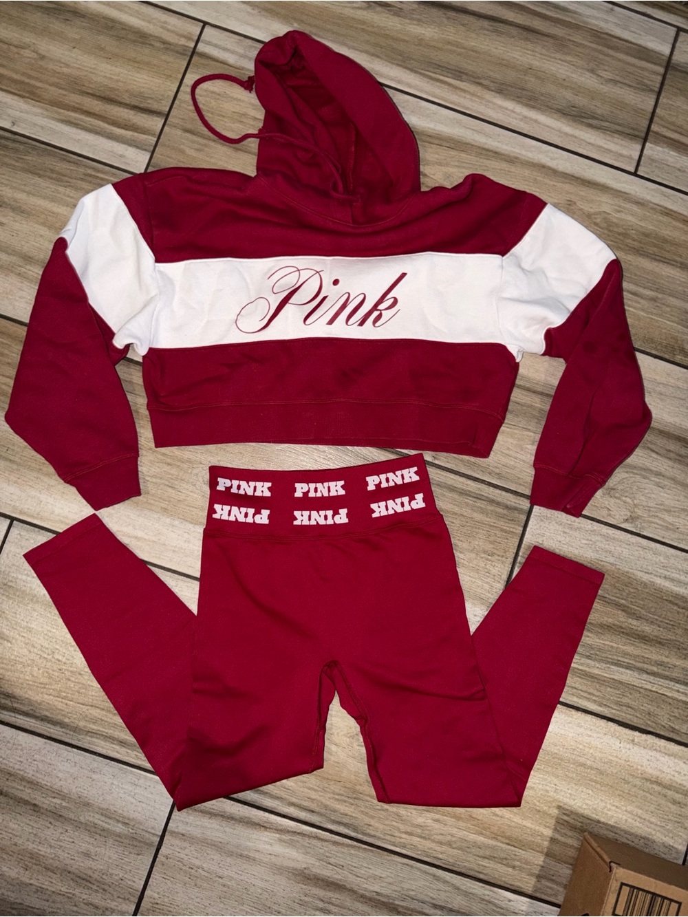 PINK Victoria's Secret Red & White Cropped Hoodie and Leggings Set